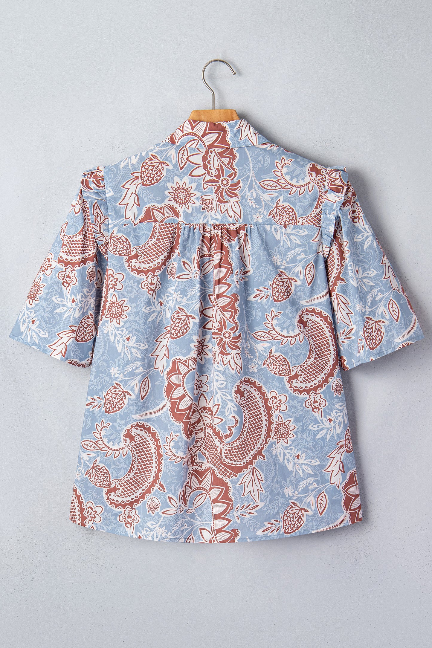 Sky Blue Boho Floral Print Scalloped Trim Button Down Short Sleeve Shirt