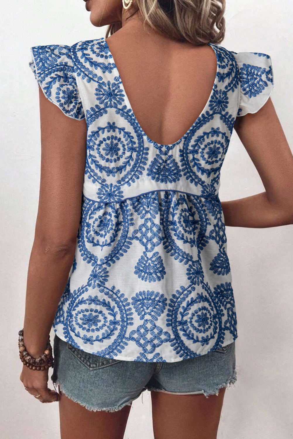 Blue Boho Print Flutter Sleeve Crew Neck Blouse-Tops/Blouses & Shirts-[Adult]-[Female]-2022 Online Blue Zone Planet