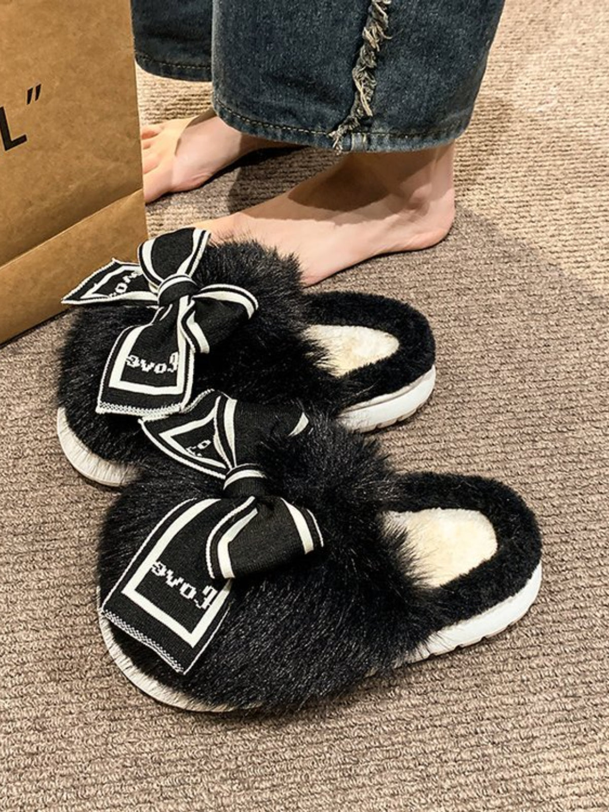 Bow Furry Round Toe Slippers-SLIPPERS-[Adult]-[Female]-Black-36(US5)-2022 Online Blue Zone Planet