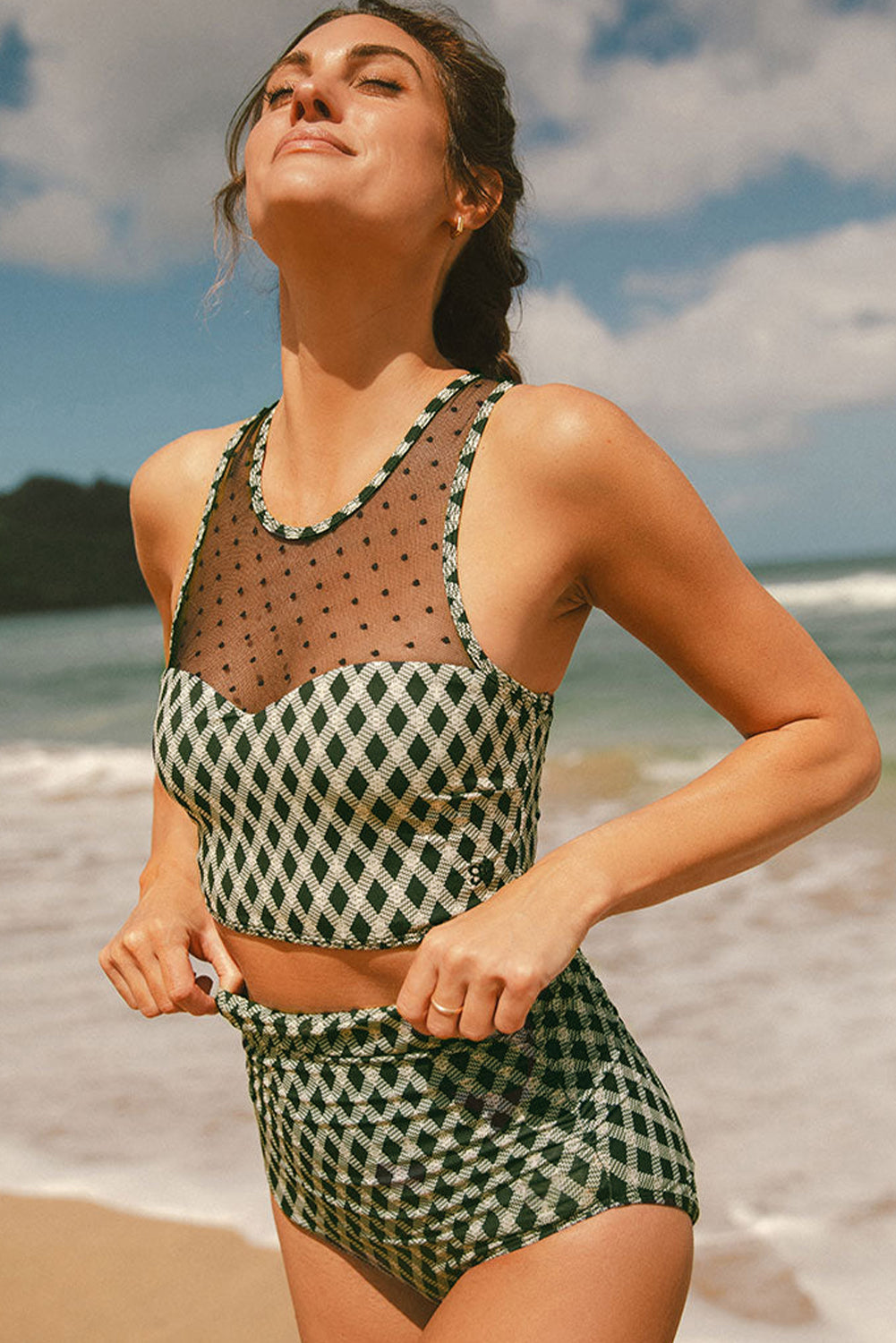 Green Dotted Mesh Plaid Patchwork High Waisted Bikini-Swimwear/Bikinis-[Adult]-[Female]-2022 Online Blue Zone Planet