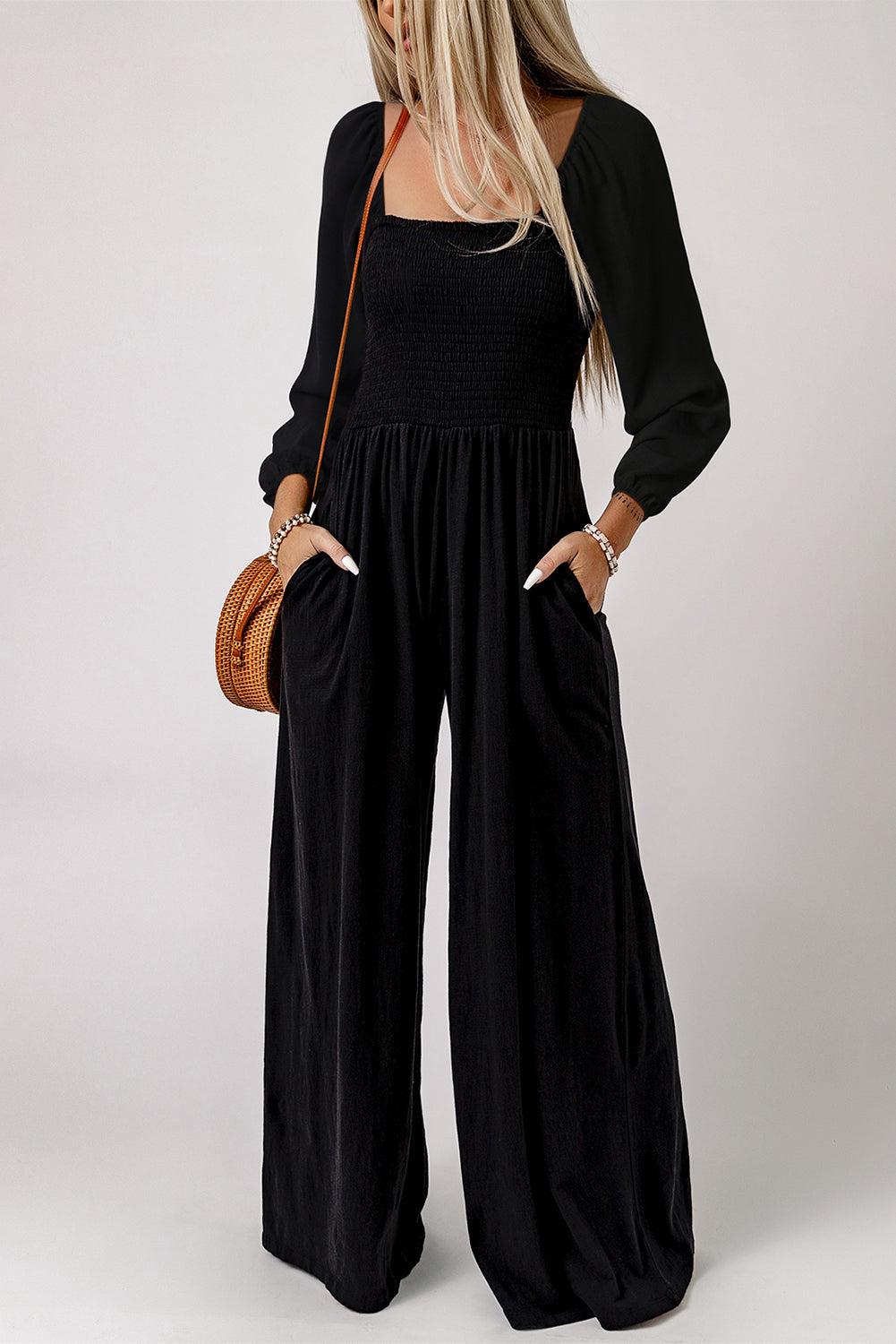 Green Smocked Square Neck Long Sleeve Wide Leg Jumpsuit-Jumpsuits-[Adult]-[Female]-Black-S-2022 Online Blue Zone Planet