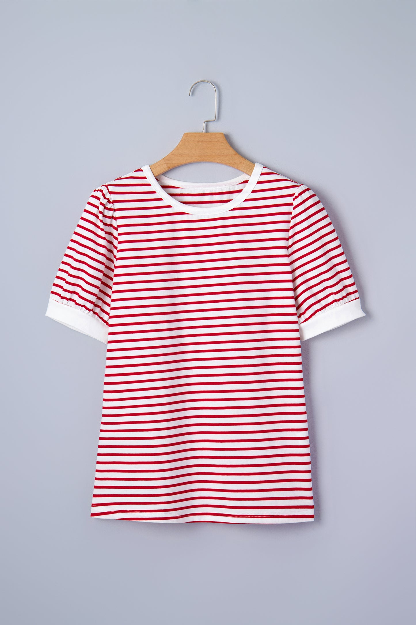 Red Stripe Contrast Trim Round Neck Short Puff Sleeve T Shirt-Tops/Tops & Tees-[Adult]-[Female]-2022 Online Blue Zone Planet