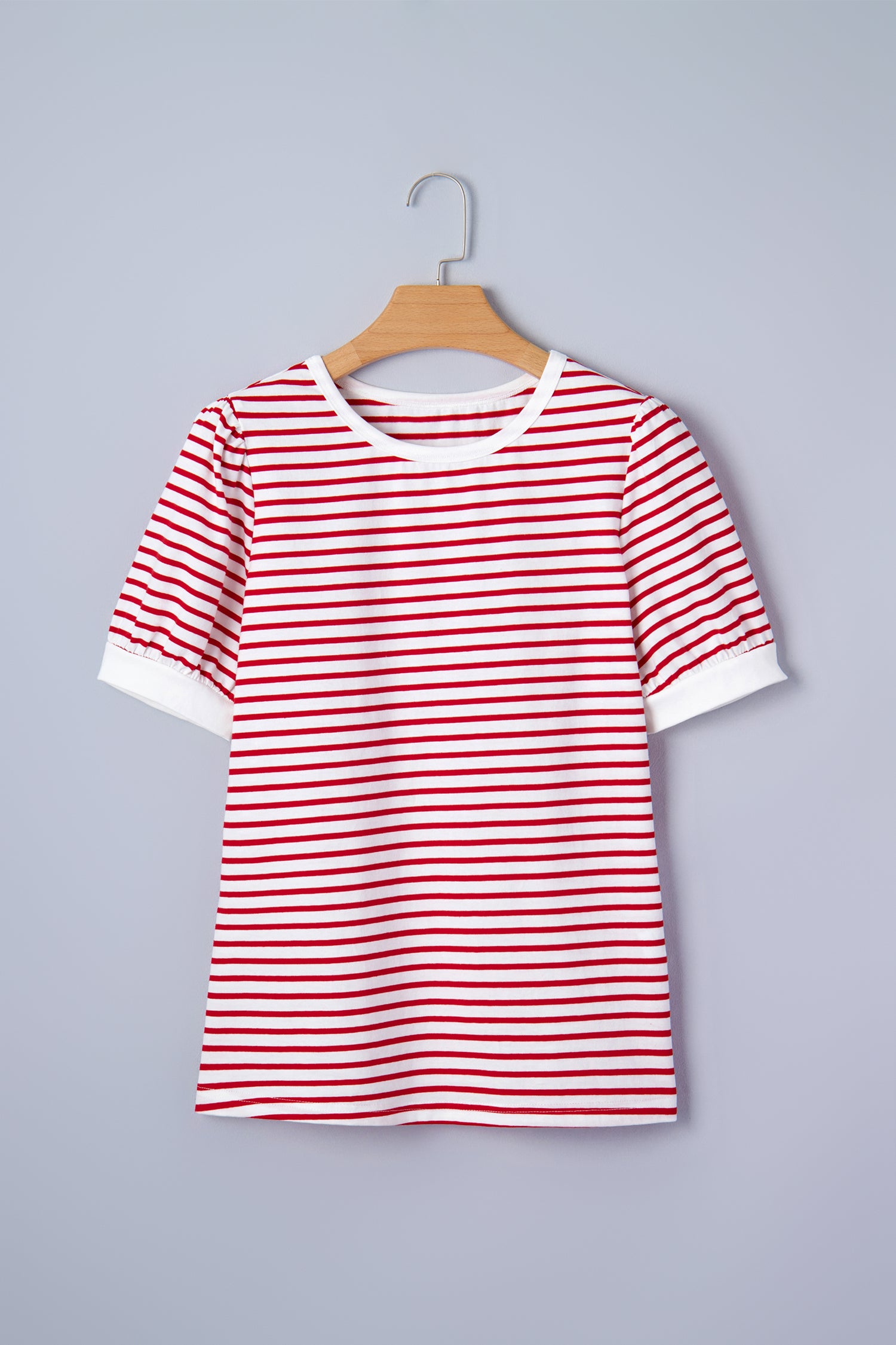 Red Stripe Contrast Trim Round Neck Short Puff Sleeve T Shirt-Tops/Tops & Tees-[Adult]-[Female]-2022 Online Blue Zone Planet