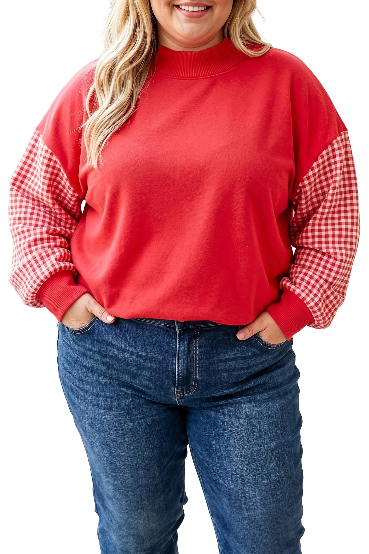 Fiery Red Patchwork Plaid Loose Fit Long Sleeve Plus Size Sweatshirt-Plus Size/Plus Size Sweatshirts & Hoodies-[Adult]-[Female]-2022 Online Blue Zone Planet