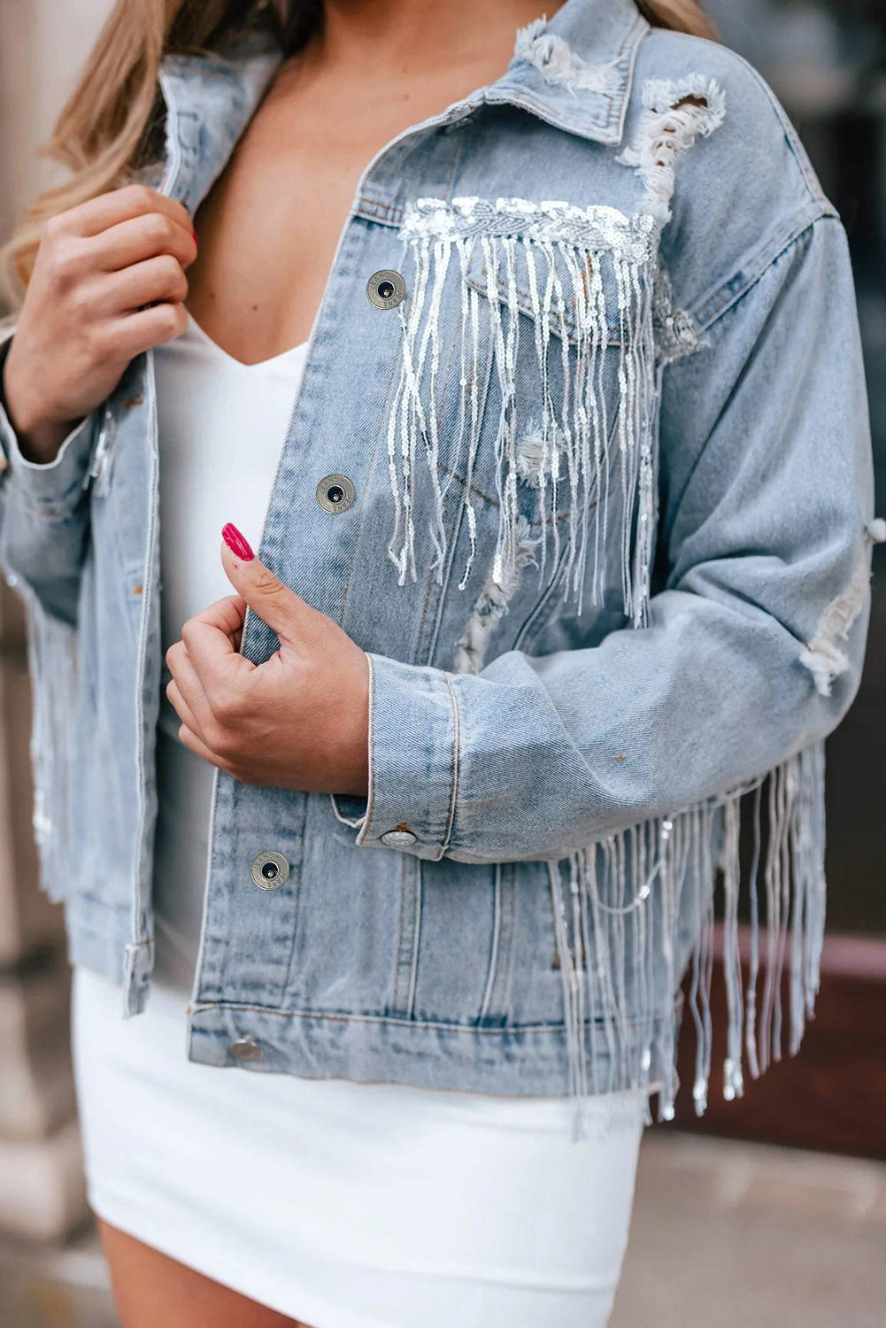 Sky Blue Sequin Embellished Fringe Distressed Denim Jacket-Sale (50% OFF)/30% OFF-[Adult]-[Female]-2022 Online Blue Zone Planet
