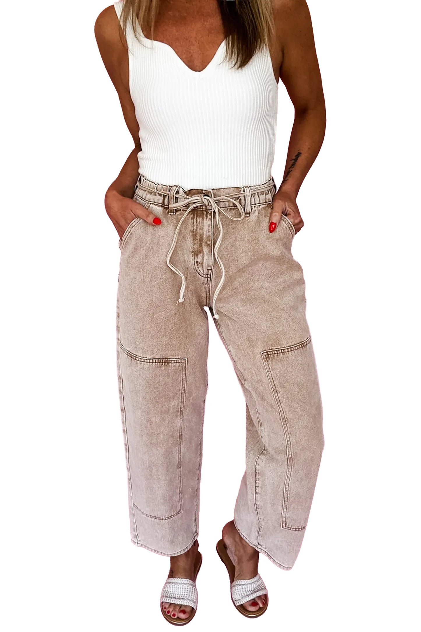 Gray Acid Wash Barrel Fit Denim Pants with Waist String-Bottoms/Jeans-[Adult]-[Female]-2022 Online Blue Zone Planet