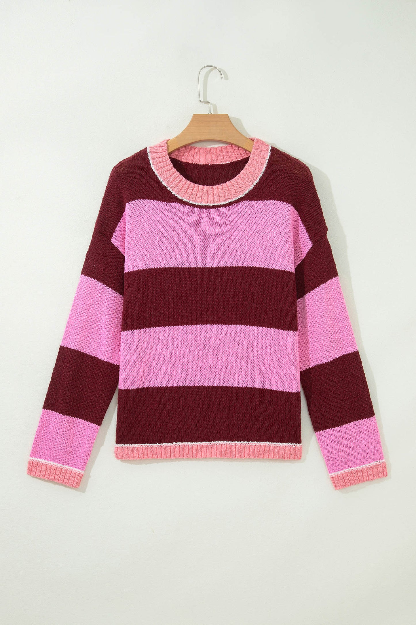 Pink Stripe Striped Drop Shoulder Long Sleeve Pullover Regular Fit Knit Sweater-Sweaters & Cardigans/Sweaters-[Adult]-[Female]-2022 Online Blue Zone Planet