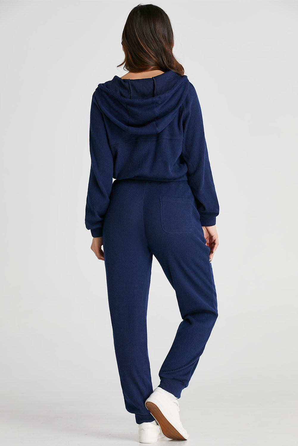 Navy Blue Ribbed Knit Cropped Hoodie and Drawstring Joggers Set-Activewear/Activewear Sets-[Adult]-[Female]-2022 Online Blue Zone Planet