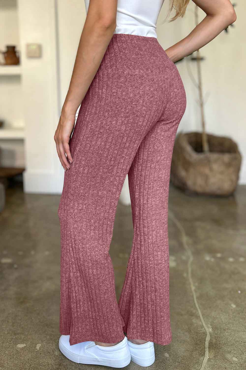 Blue Zone Planet | FAM-FAM Ribbed High Waist Flare Pants-BOTTOMS SIZES SMALL MEDIUM LARGE-[Adult]-[Female]-Deep Rose-S-2022 Online Blue Zone Planet