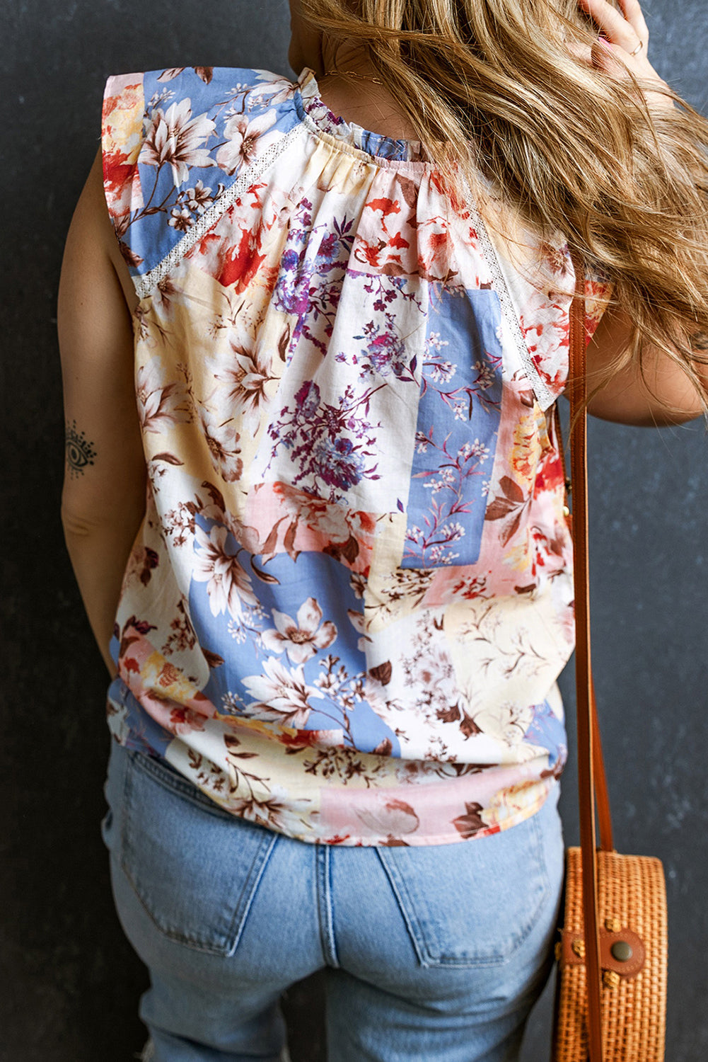 Blue Zone Planet |  Multicolour Floral Print Split V Neck Lace Trim Cap Sleeve Blouse Blue Zone Planet