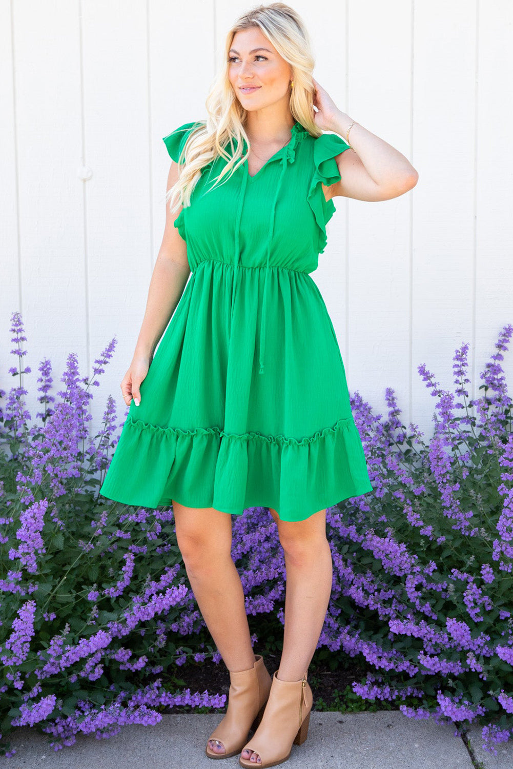 Blue Zone Planet |  Bright Green Split V Neck Elastic Waist Ruffled Dress Blue Zone Planet