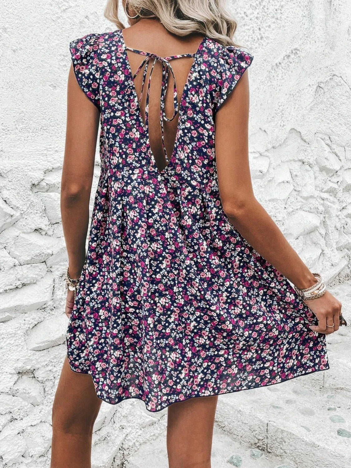 Printed V-Neck Cap Sleeve Mini Dress-TOPS / DRESSES-[Adult]-[Female]-2022 Online Blue Zone Planet