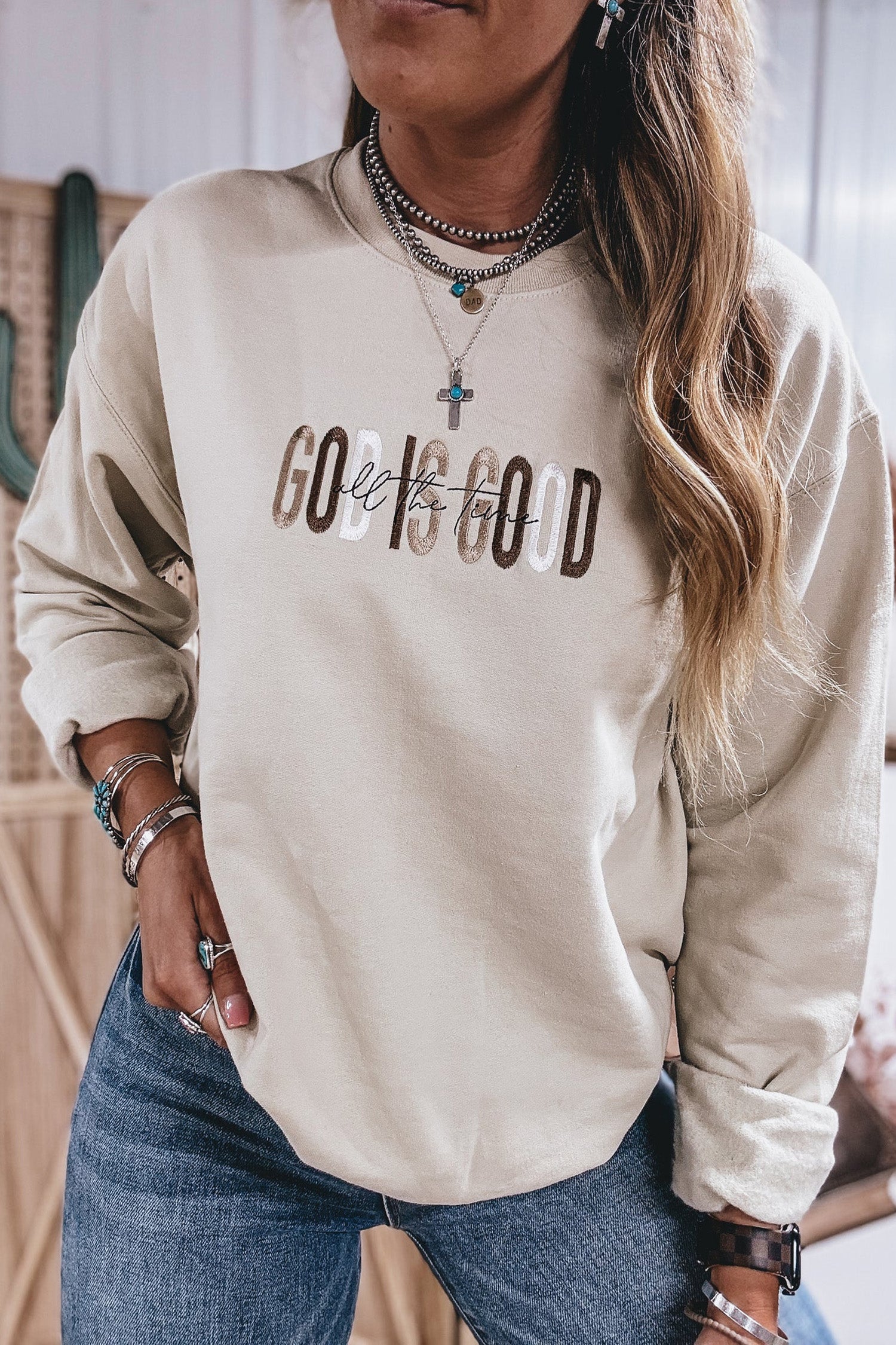 Jet Stream GOD IS GOOD Western Embroidered Letter Crewneck Pullover Sweatshirt-Tops/Sweatshirts & Hoodies-[Adult]-[Female]-2022 Online Blue Zone Planet
