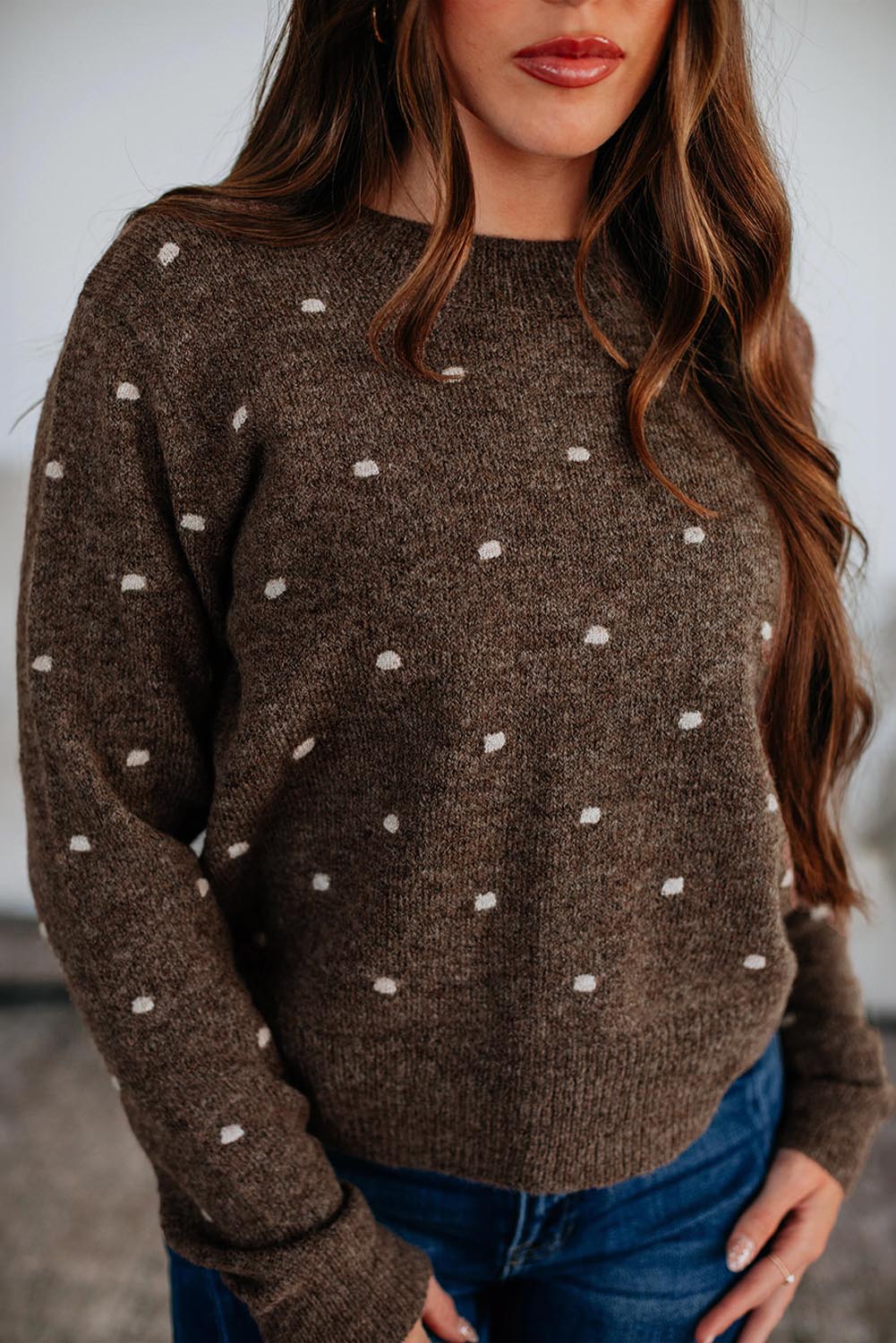 Coffee Dotted Print Ribbed Edge Knit Sweater-Sweaters & Cardigans/Sweaters-[Adult]-[Female]-Coffee-S-2022 Online Blue Zone Planet