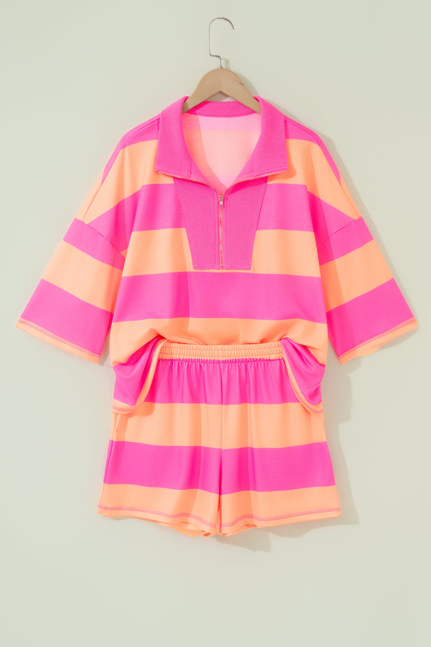 Pink Seam Detail Half Zip Tee Casual Shorts 2pcs Set-Two Piece Sets/Short Sets-[Adult]-[Female]-2022 Online Blue Zone Planet