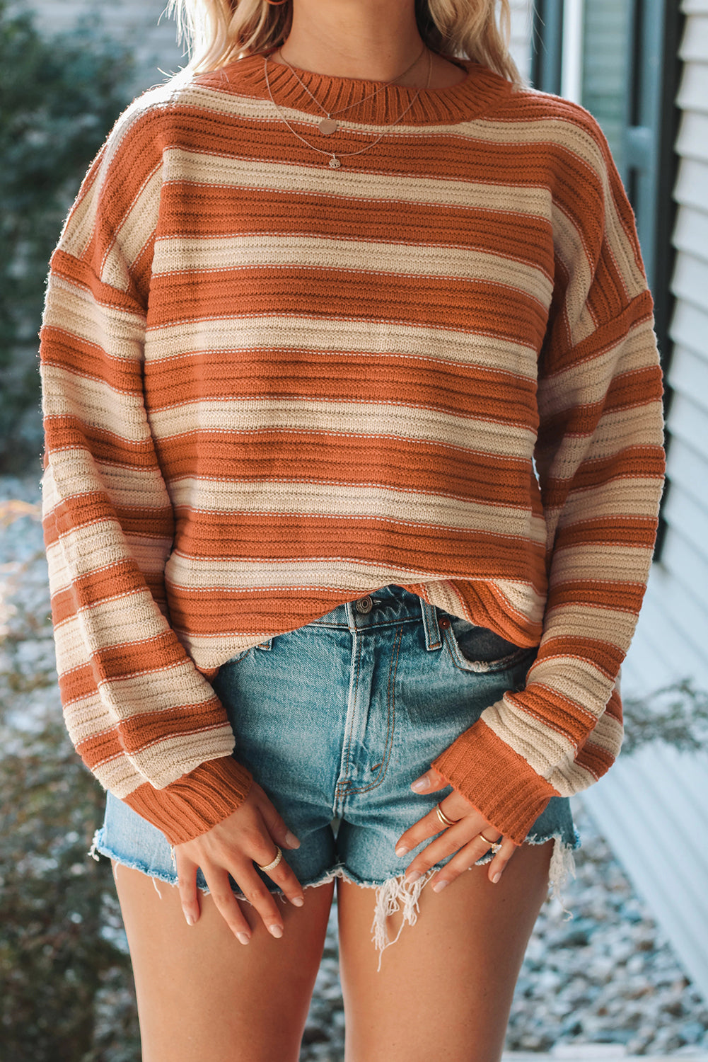Orange Stripe Ribbed Trim Drop Shoulder Sweater-Sweaters & Cardigans/Sweaters-[Adult]-[Female]-Orange Stripe-S-2022 Online Blue Zone Planet