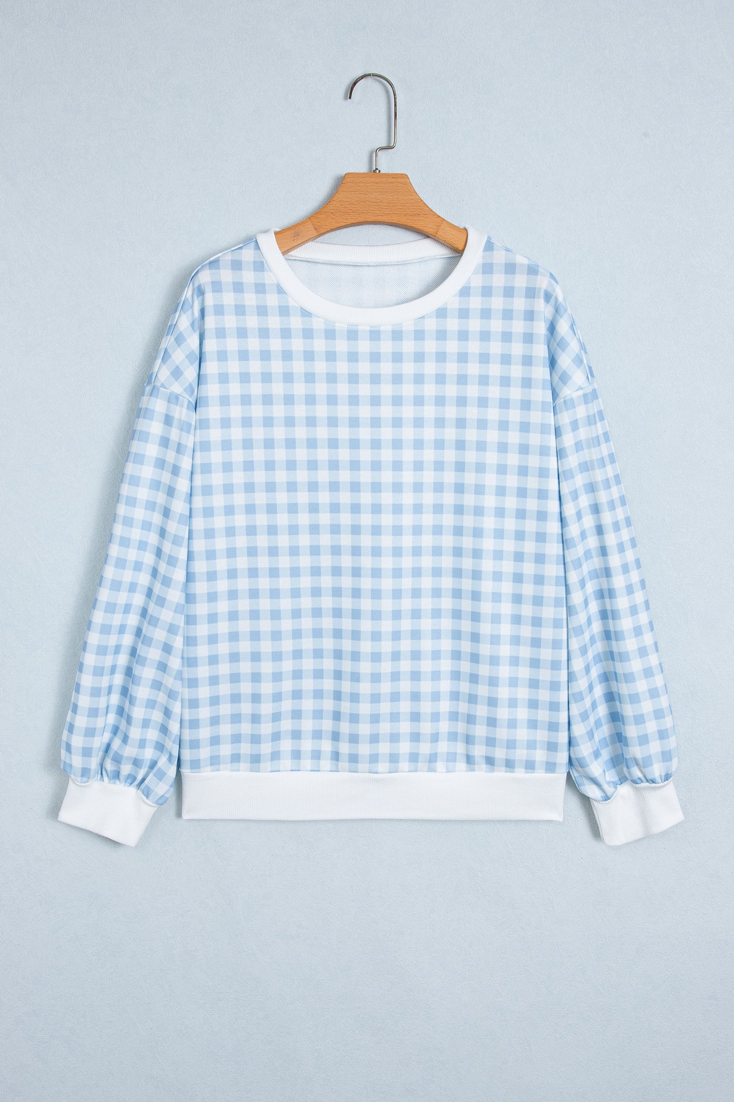 Light Blue Plaid Round Neck Long Sleeve Sweatshirt-Tops/Sweatshirts & Hoodies-[Adult]-[Female]-2022 Online Blue Zone Planet