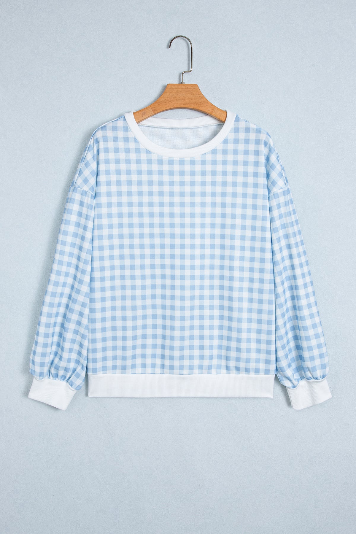Light Blue Plaid Round Neck Long Sleeve Sweatshirt-Tops/Sweatshirts & Hoodies-[Adult]-[Female]-2022 Online Blue Zone Planet