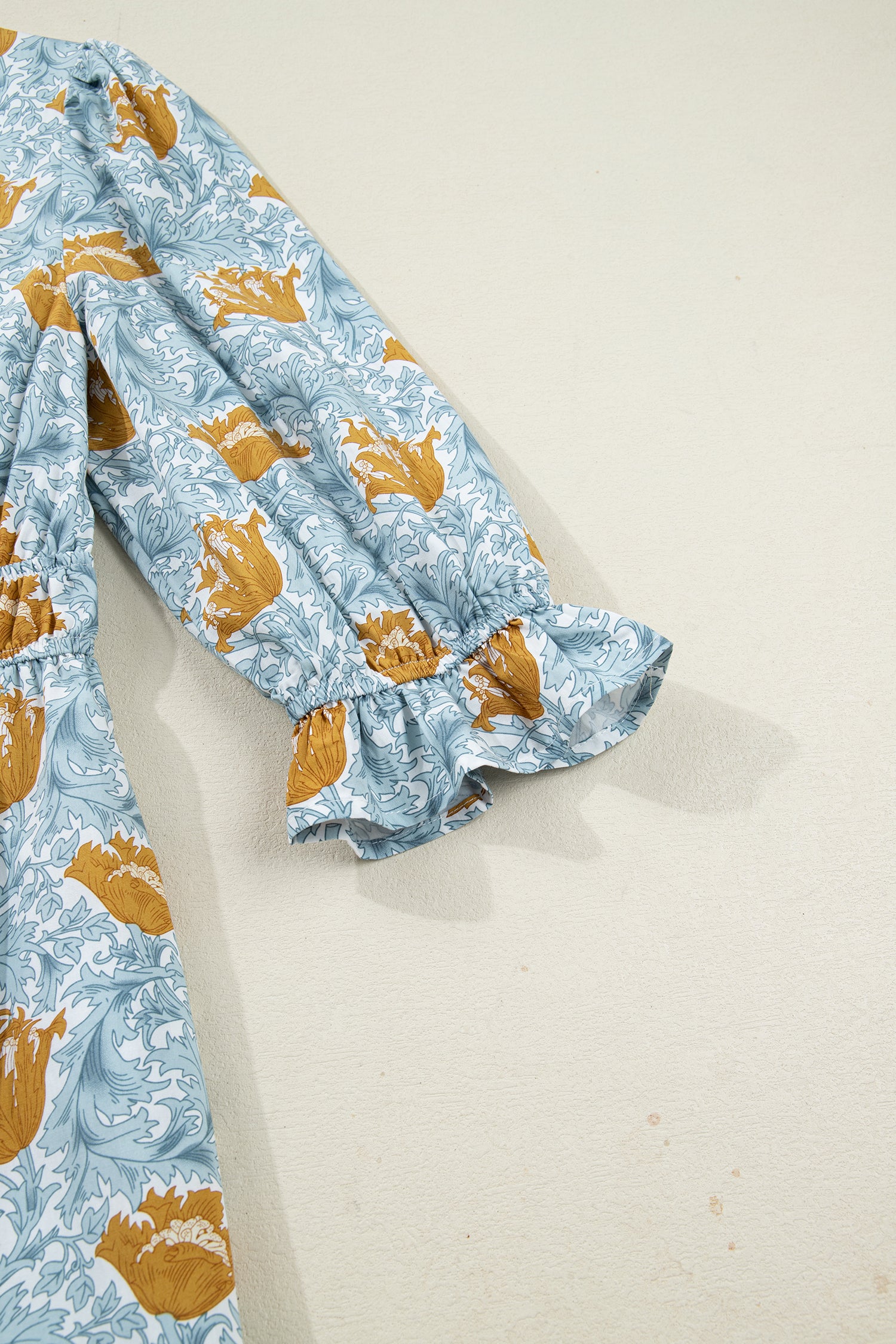 Brown Floral Printed Frilled V Neck Bracelet Sleeve Long Dress-Bracelet-[Adult]-[Female]-2022 Online Blue Zone Planet