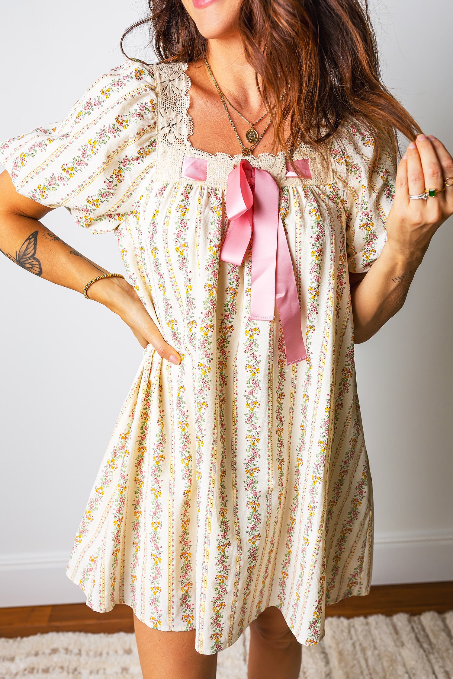 Multicolour Floral Print Contrast Ribbon Bow Lace Trim Square Neck Mini Dress-TOPS / DRESSES-[Adult]-[Female]-2022 Online Blue Zone Planet