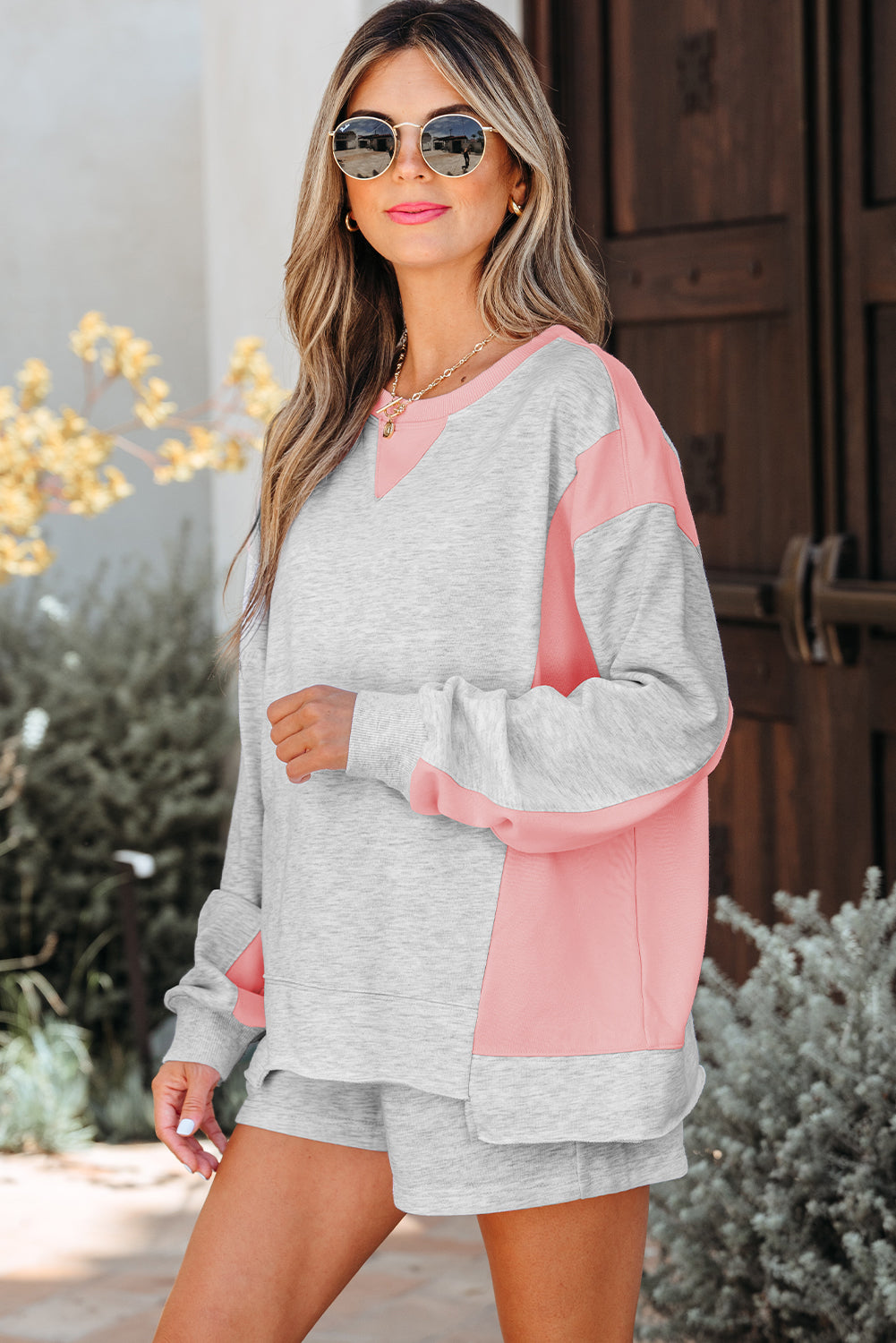 Light Grey Color Block Raw Hem Pullover and Casual Shorts Set-Two Piece Sets/Short Sets-[Adult]-[Female]-2022 Online Blue Zone Planet