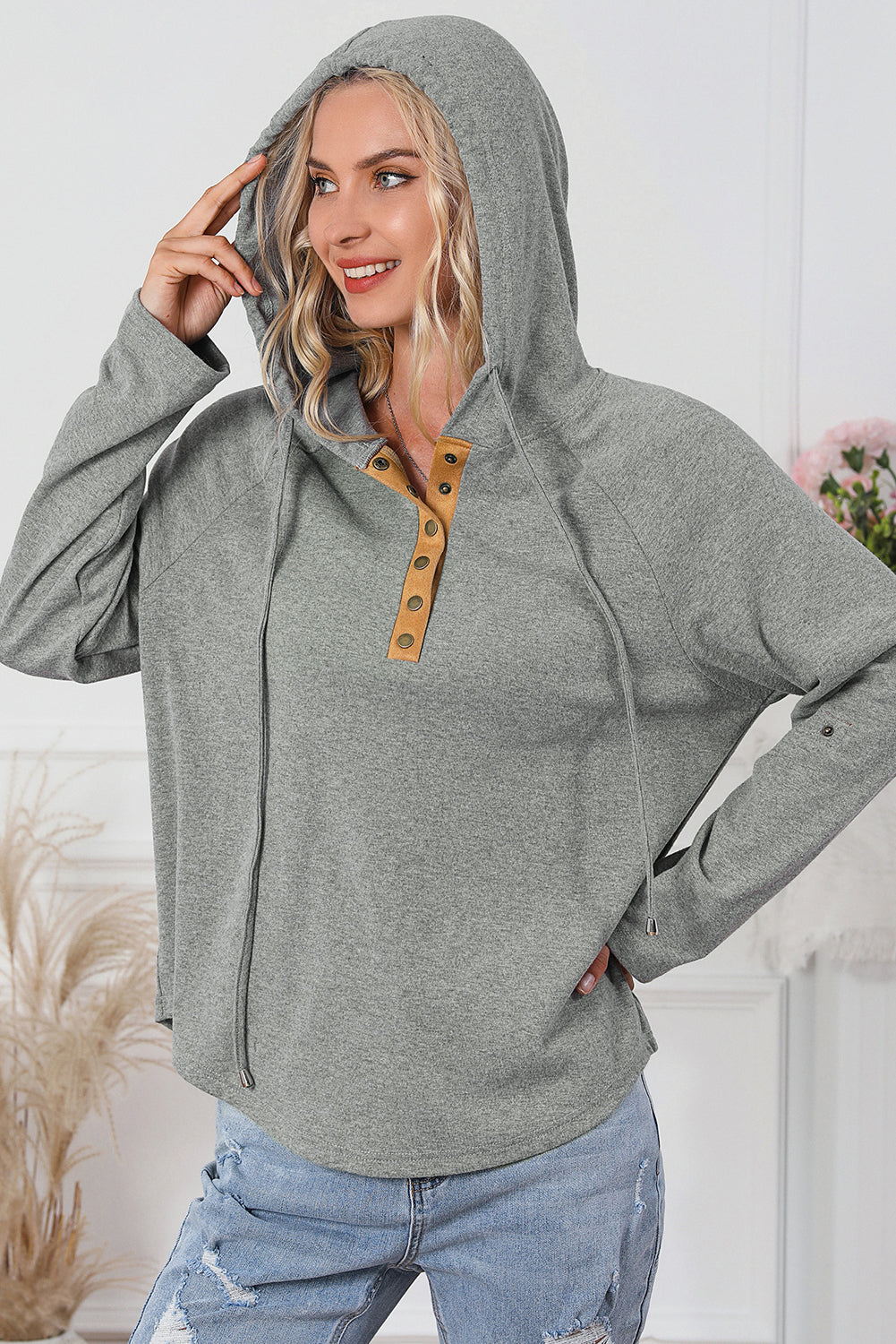 Drawstring Quarter Snap Long Sleeve Hoodie-TOPS / DRESSES-[Adult]-[Female]-2022 Online Blue Zone Planet