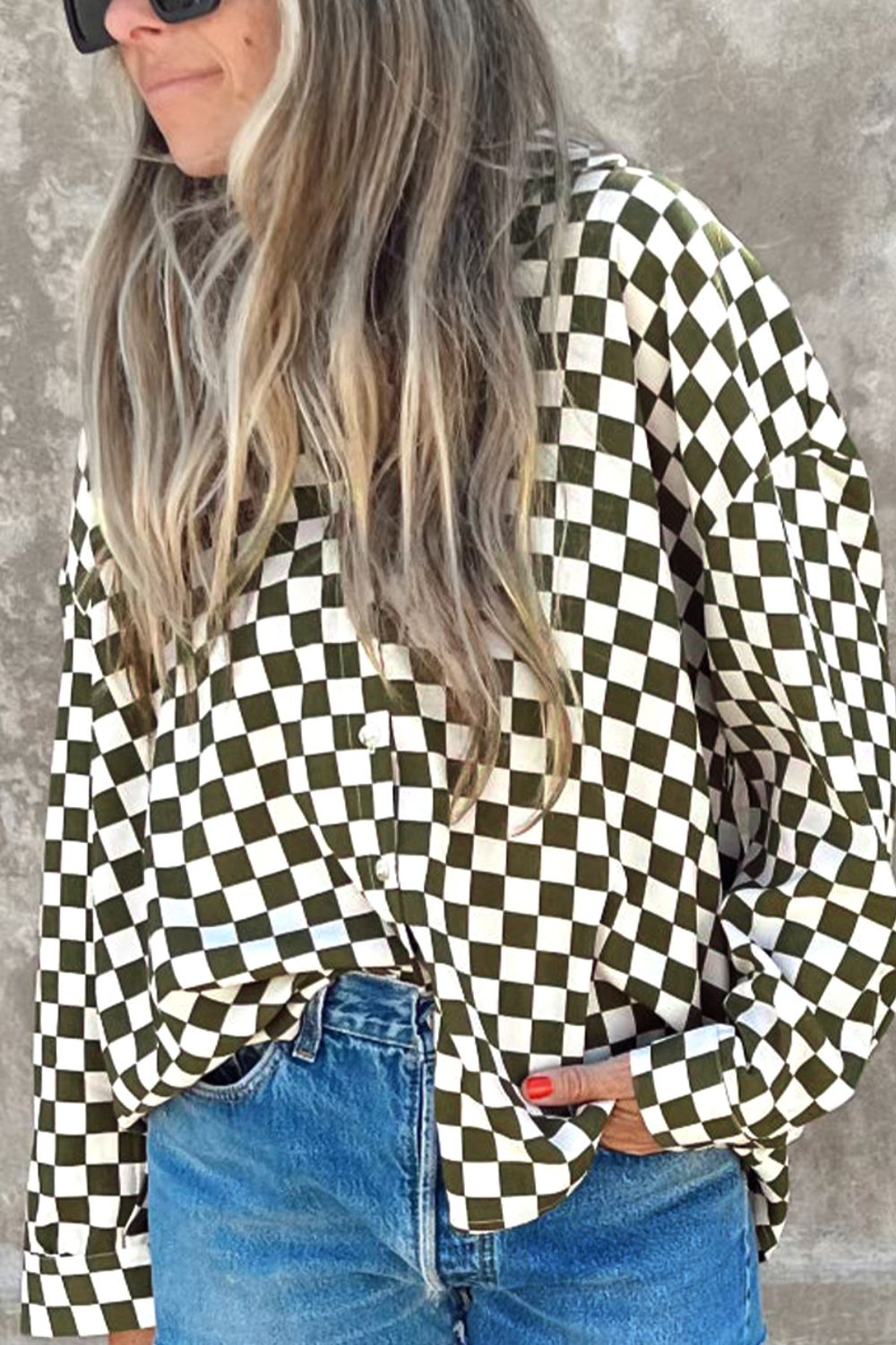 Checkered Collared Neck Long Sleeve Shirt-TOPS / DRESSES-[Adult]-[Female]-2022 Online Blue Zone Planet