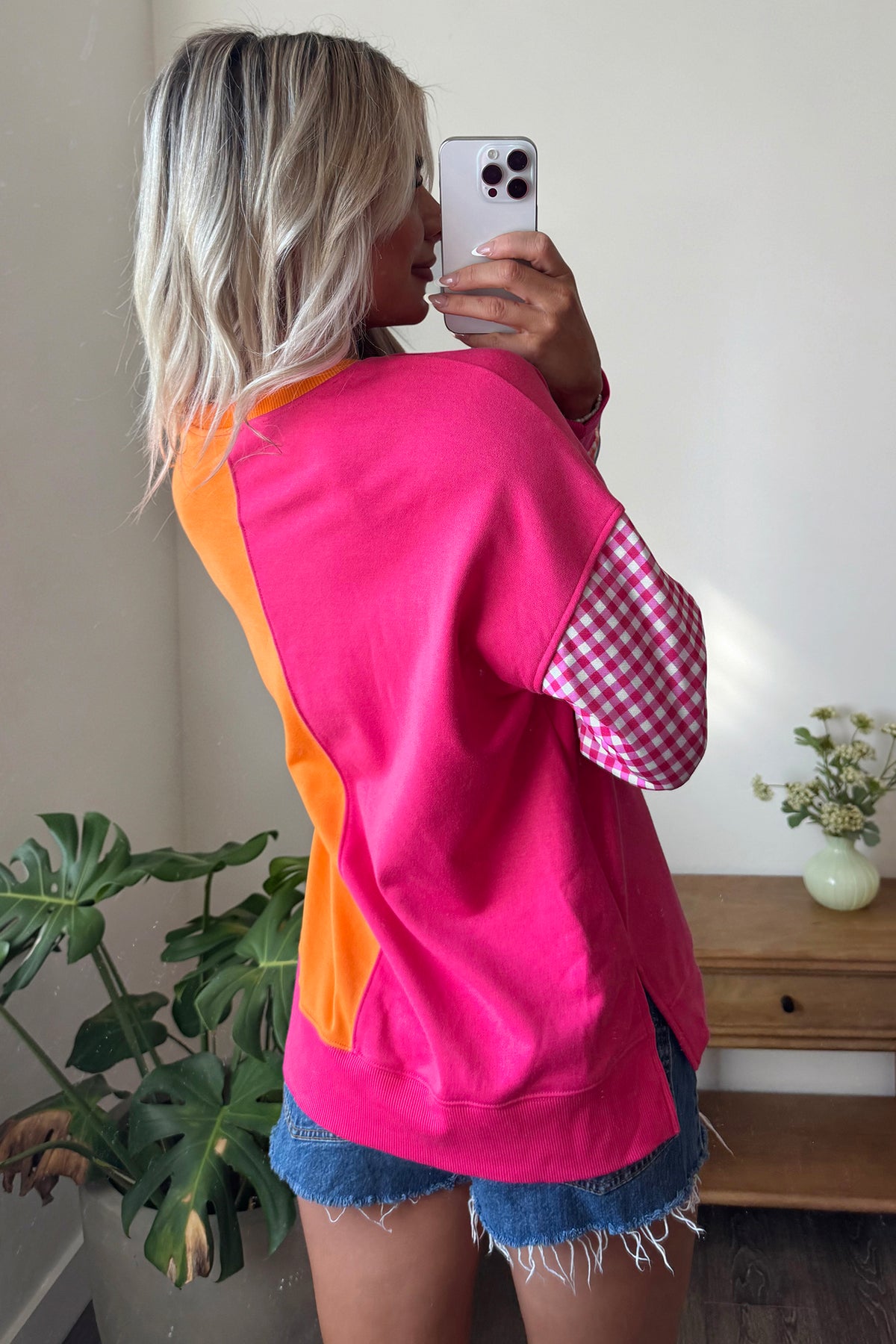 Rose Red Colorblock Gingham Sleeve Crewneck Sweatshirt-Tops/Sweatshirts & Hoodies-[Adult]-[Female]-2022 Online Blue Zone Planet