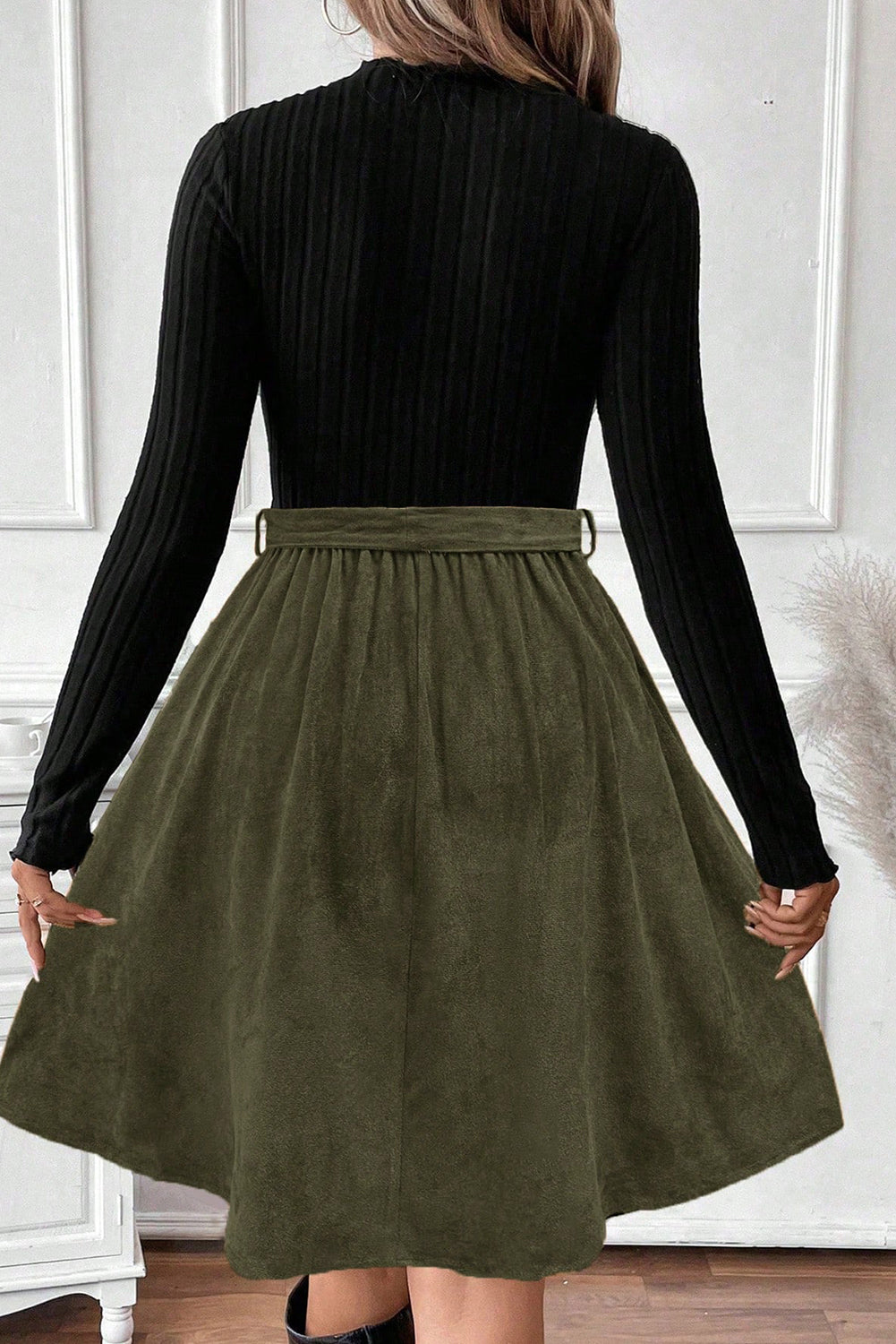Black Ribbed Knit Slim Bodice Contrast Flared Skirt Patchwork Belted Dress-TOPS / DRESSES-[Adult]-[Female]-2022 Online Blue Zone Planet
