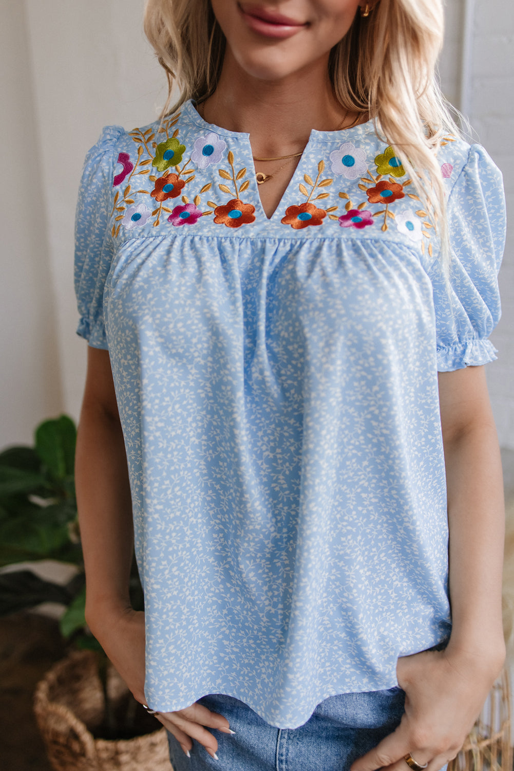 Sky Blue Floral Embroidered Puff Sleeve Notched V Neck Blouse-Tops/Blouses & Shirts-[Adult]-[Female]-2022 Online Blue Zone Planet