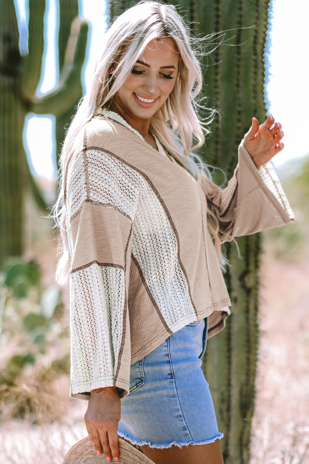 Blue Zone Planet | Parchment Crochet Detail Exposed Seam High Low Loose Top-Tops/Long Sleeve Tops-[Adult]-[Female]-2022 Online Blue Zone Planet