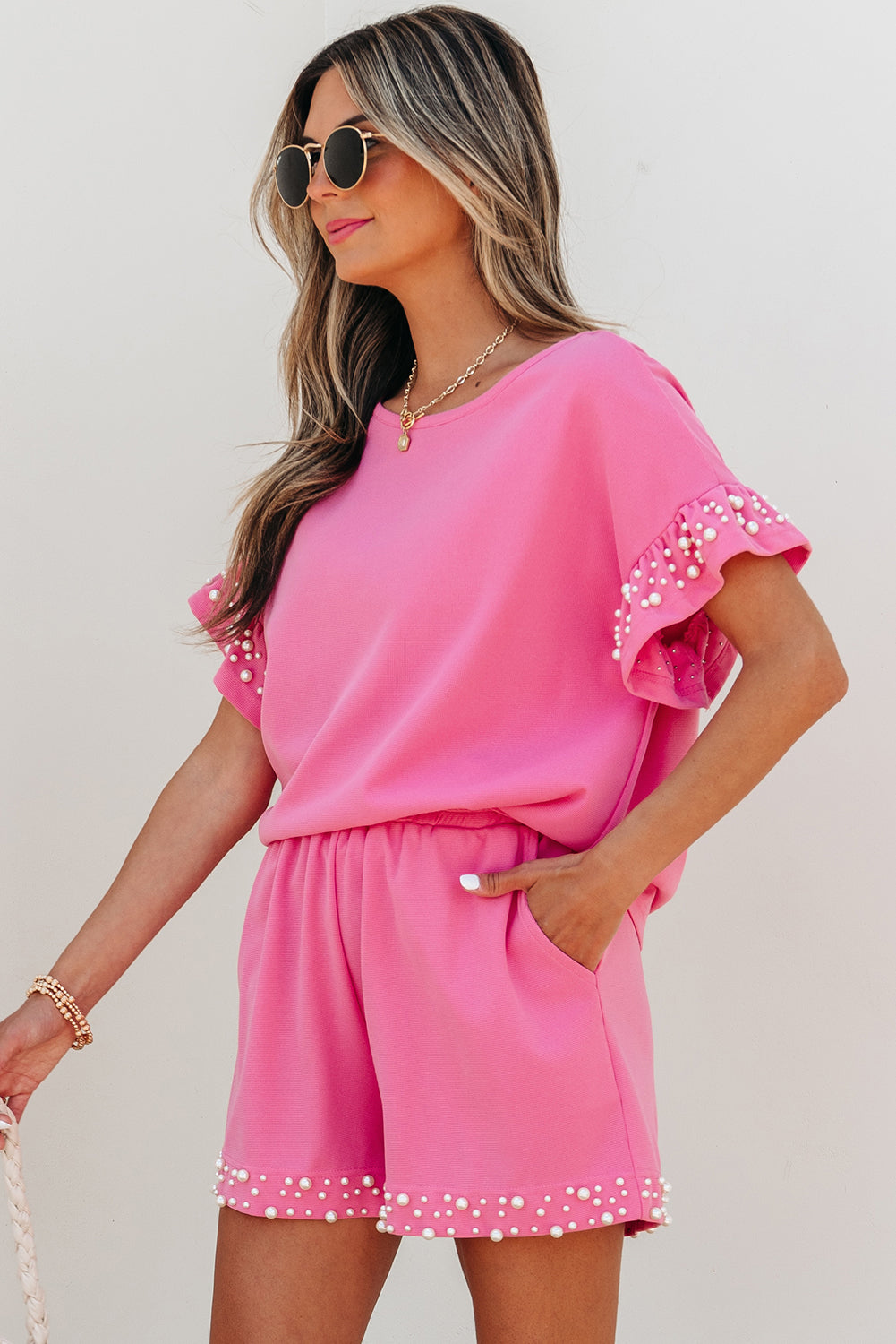 Bright Pink Textured Pearled Ruffle Sleeve Top 2 Piece Shorts Set-Two Piece Sets/Short Sets-[Adult]-[Female]-2022 Online Blue Zone Planet