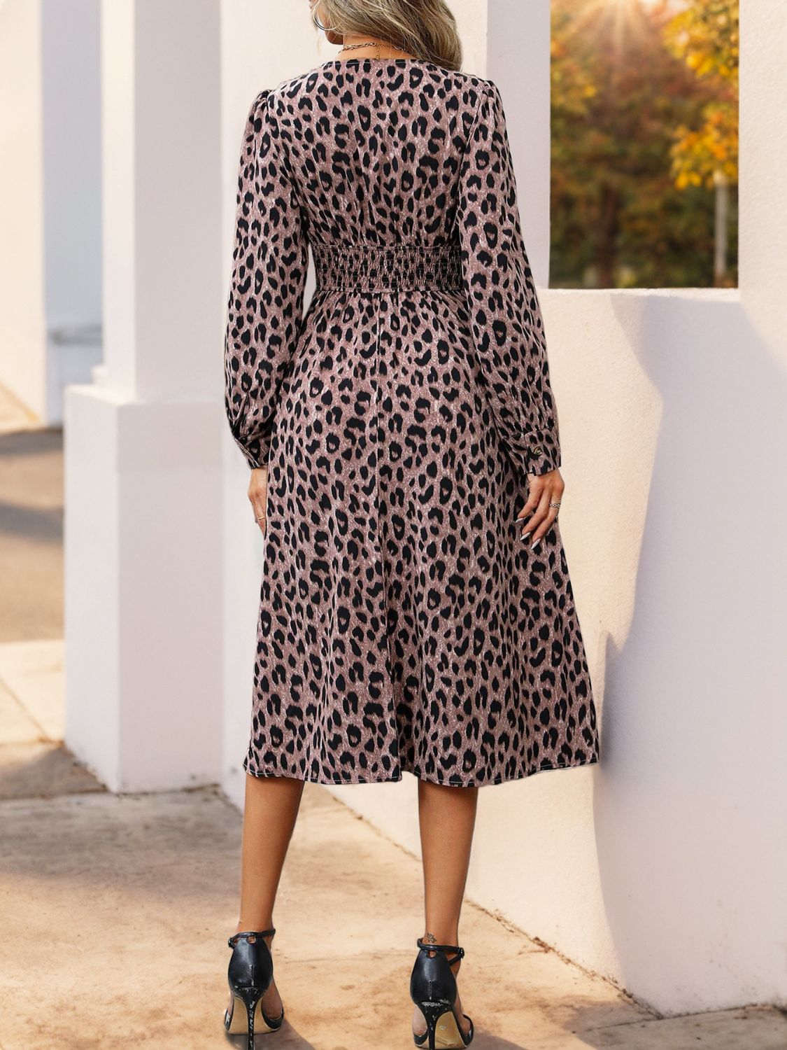 Perfee Leopard Surplice Long Sleeve Midi Dress-TOPS / DRESSES-[Adult]-[Female]-2022 Online Blue Zone Planet