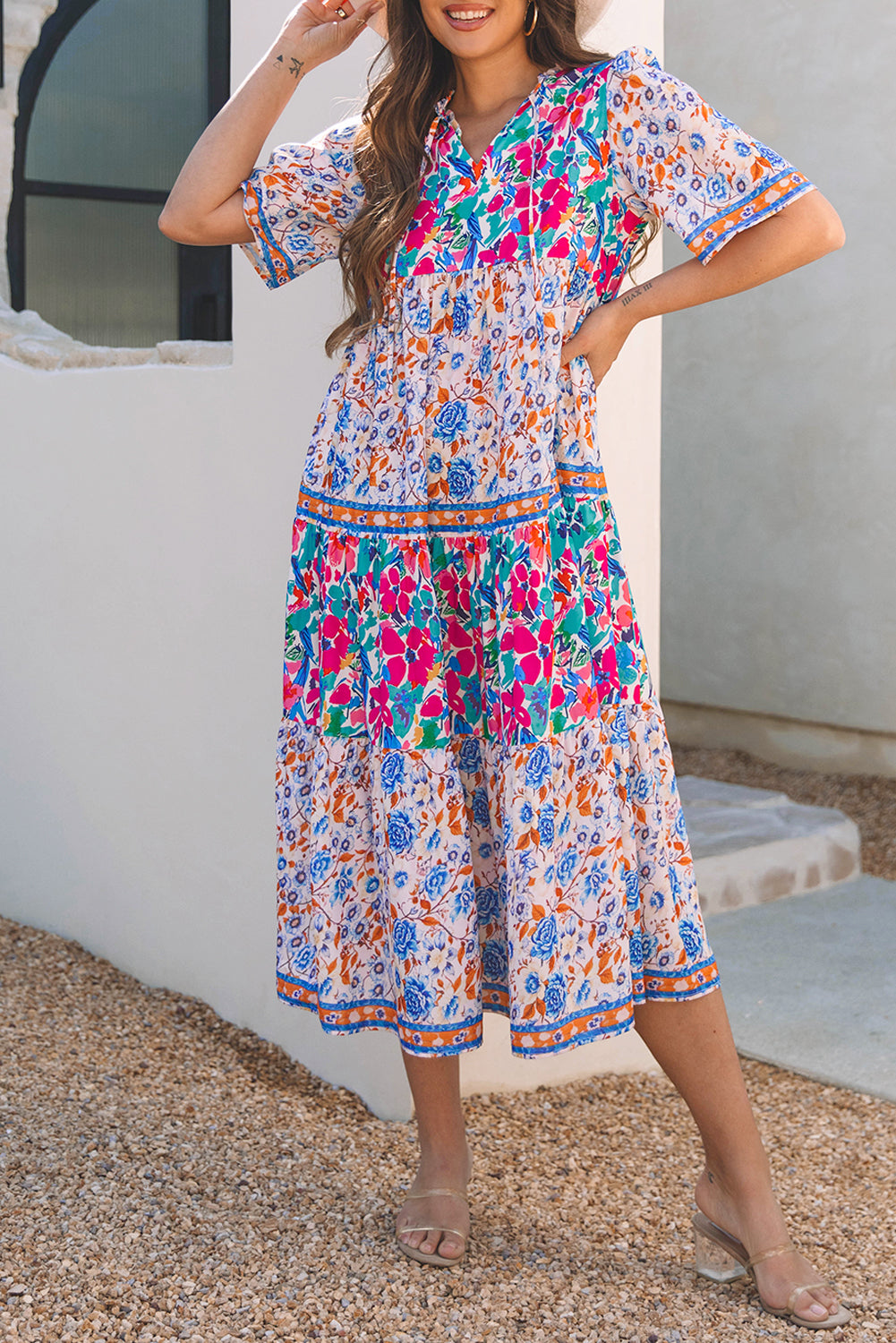 Sky Blue Mixed Floral Print Tie Split Neck Short Sleeve Dress-TOPS / DRESSES-[Adult]-[Female]-2022 Online Blue Zone Planet