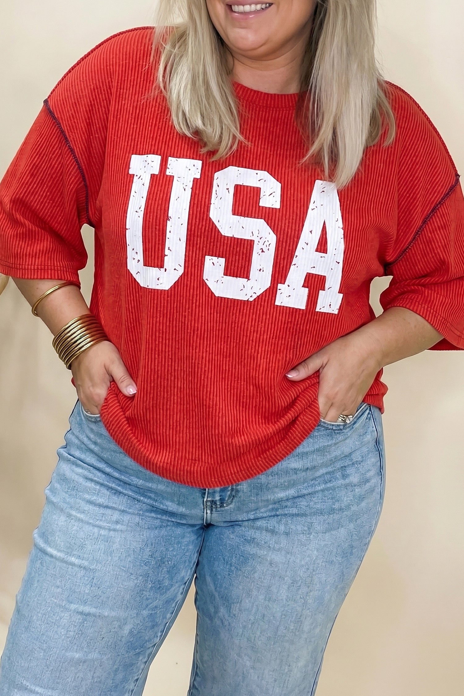 Fiery Red Plus Size Twisted Rib Vintage Usa Letter Printed T Shirt-Plus Size/Plus Size Tops/Plus Size Tops & Tees-[Adult]-[Female]-Fiery Red-1X-2022 Online Blue Zone Planet