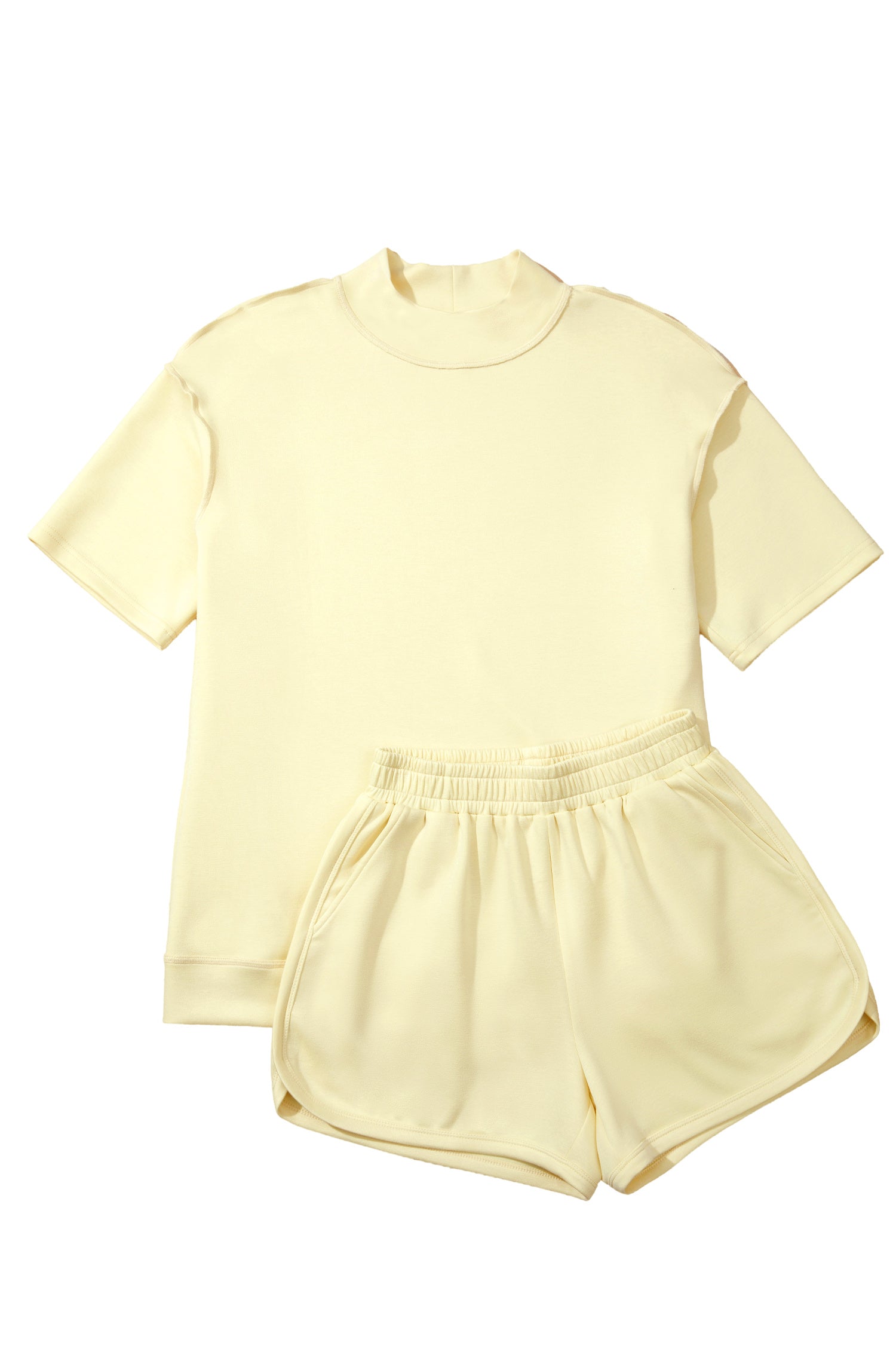Light Pink Solid Color Exposed Seam Mock Neck Oversize Tee Casual Shorts 2pcs Outfit-Two Piece Sets/Short Sets-[Adult]-[Female]-2022 Online Blue Zone Planet