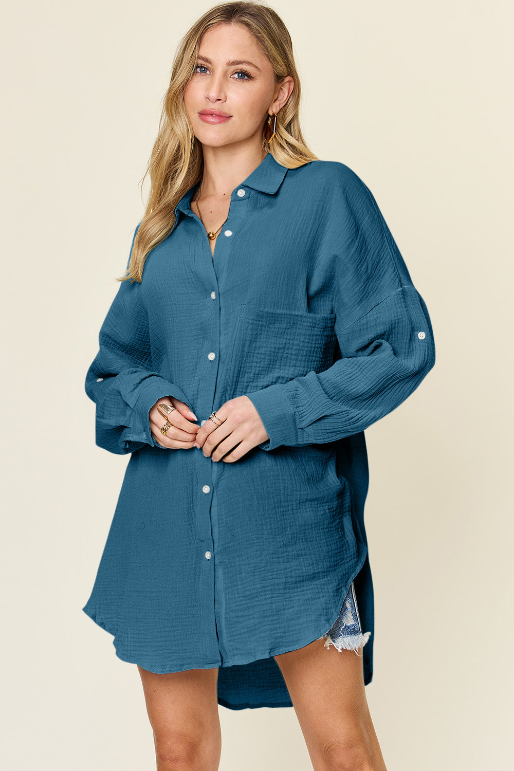 Double Take Full Size Pocketed Texture Button Up Shirt-TOPS / DRESSES-[Adult]-[Female]-Dark Blue-S-2022 Online Blue Zone Planet