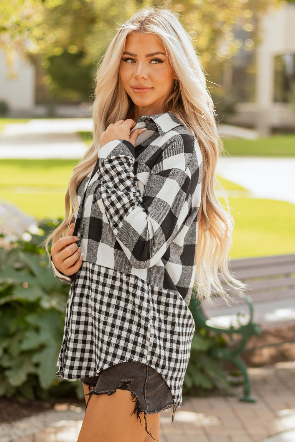 Black Double Plaid Patchwork Drawstring Hooded Shacket-Tops / Dresses-[Adult]-[Female]-2022 Online Blue Zone Planet