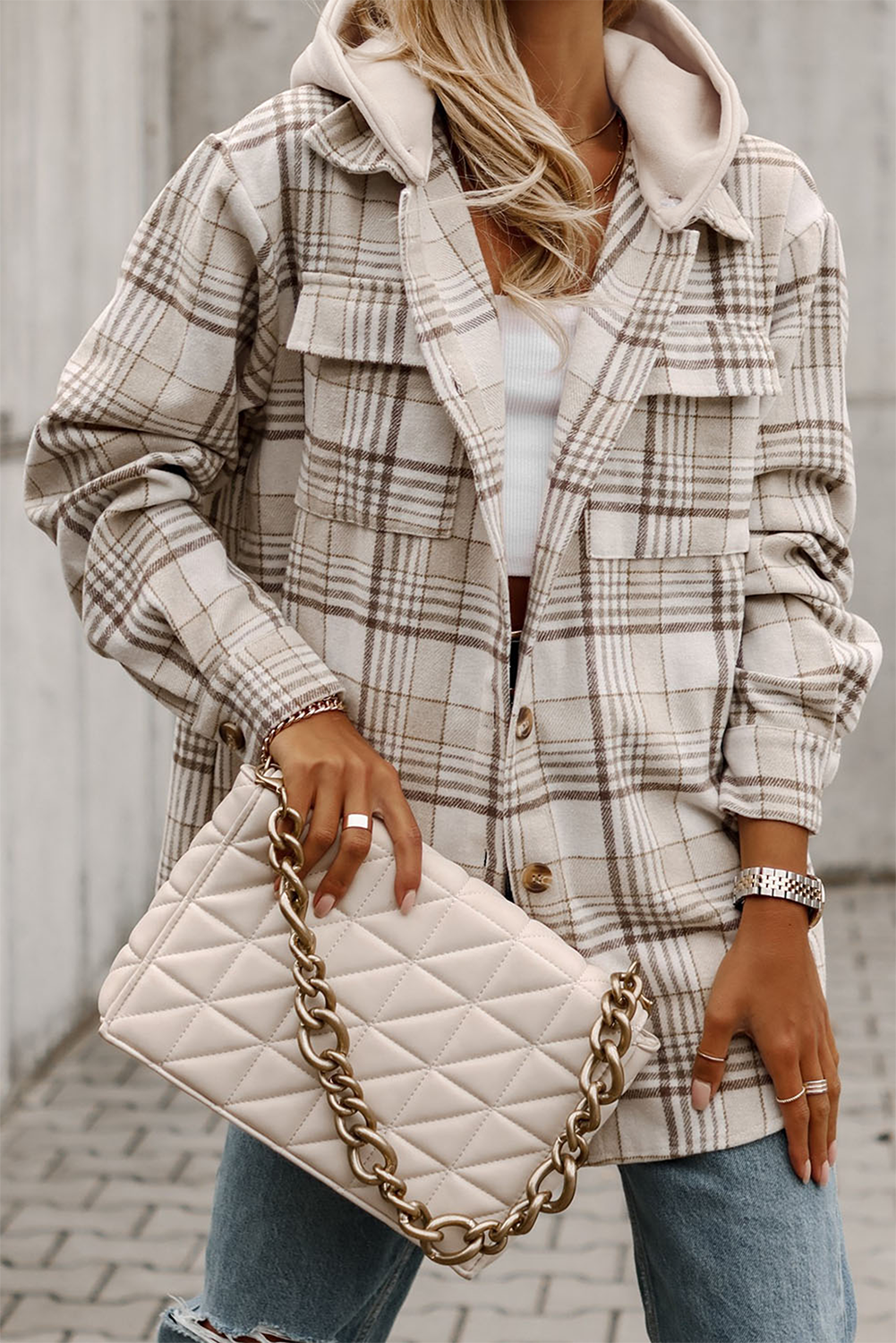 Khaki Plaid Removable Hood Buttoned Shacket-Outerwear/Plaid Shackets-[Adult]-[Female]-Khaki-S-2022 Online Blue Zone Planet