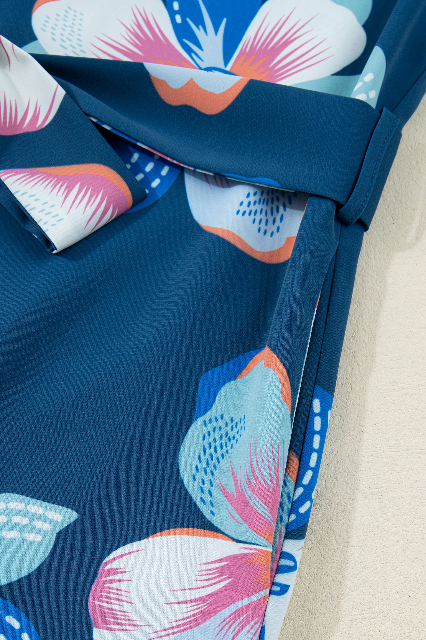 Blue Floral Print Short Puff Sleeve Ruffle Hem Belted Long Dress-TOPS / DRESSES-[Adult]-[Female]-2022 Online Blue Zone Planet