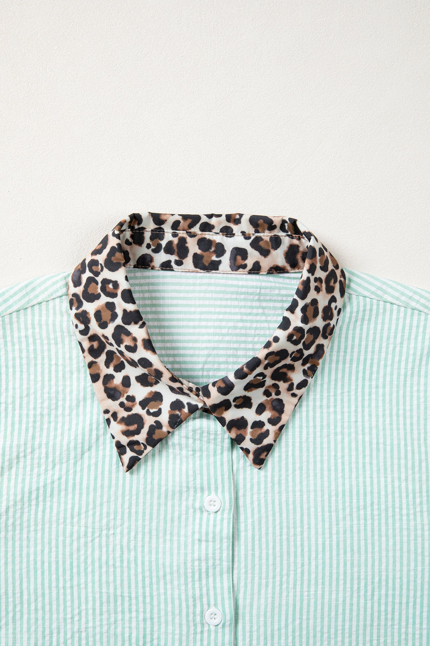 Sky Blue Stripe Leopard Contrast Collar Short Sleeve Shirt-Tops/Blouses & Shirts-[Adult]-[Female]-2022 Online Blue Zone Planet
