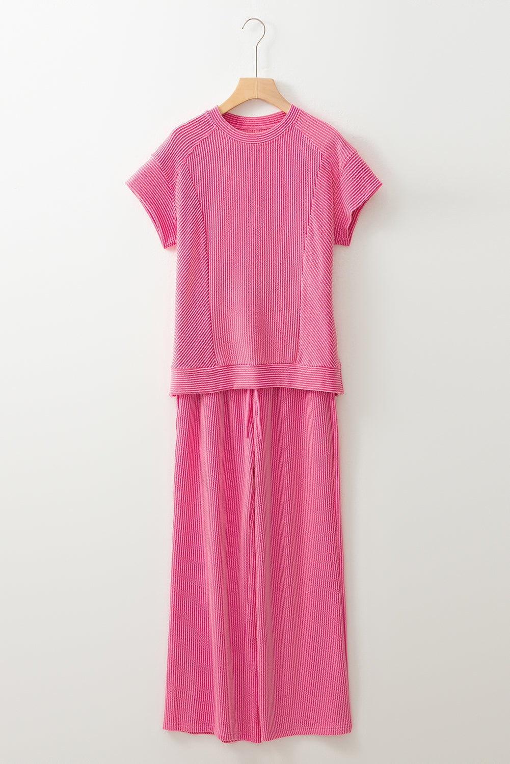 Wild Wind Solid Corded Short Sleeve T Shirt and Wide Leg Pants Set-Two Piece Pants Sets-[Adult]-[Female]-2022 Online Blue Zone Planet