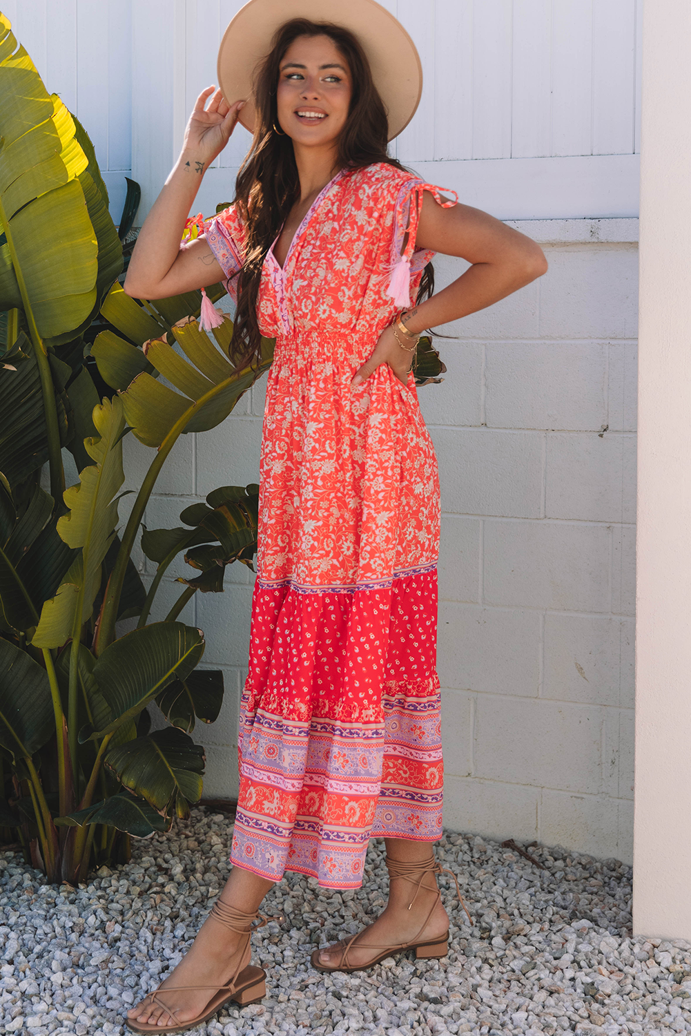 Red Floral Print Tasseled Tied Sleeve Empire Waist Maxi Dress-TOPS / DRESSES-[Adult]-[Female]-2022 Online Blue Zone Planet