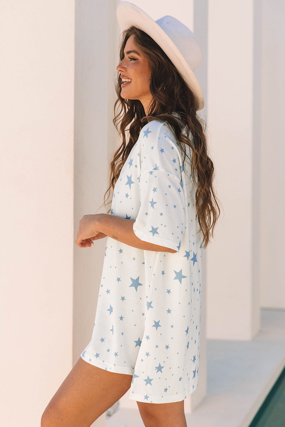 Sky Blue Stars Print Drop Shoulder Oversized T Shirt With Slits-Tops/Tops & Tees-[Adult]-[Female]-2022 Online Blue Zone Planet