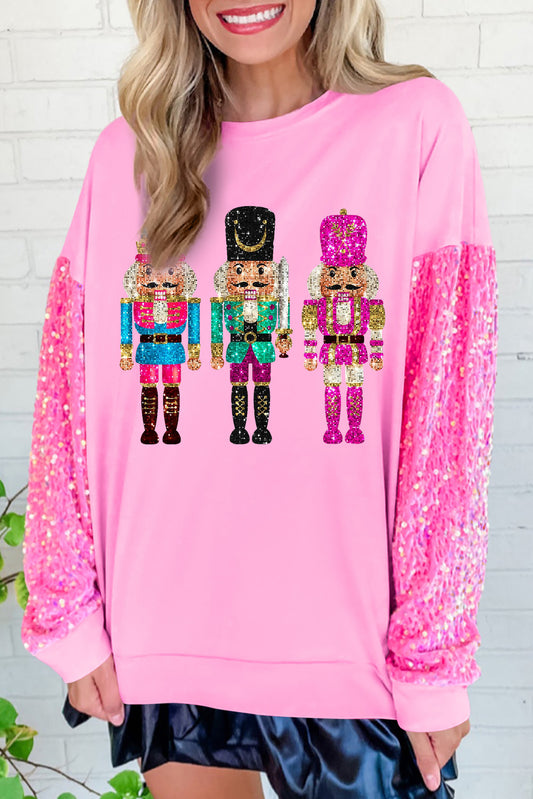 Blue Zone Planet | Pink Nutcracker Graphic Christmas Sequin Sleeve Drop Shoulder Sweatshirt-Graphic Sweatshirts-[Adult]-[Female]-Pink-S-2022 Online Blue Zone Planet