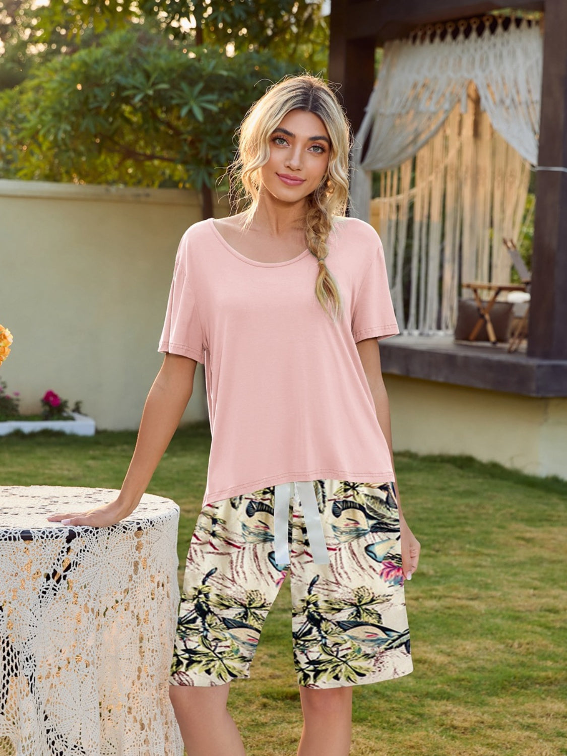 Blue Zone Planet | Short Sleeve Top and Printed Shorts Lounge Set-TOPS / DRESSES-[Adult]-[Female]-Blush Pink-S-2022 Online Blue Zone Planet