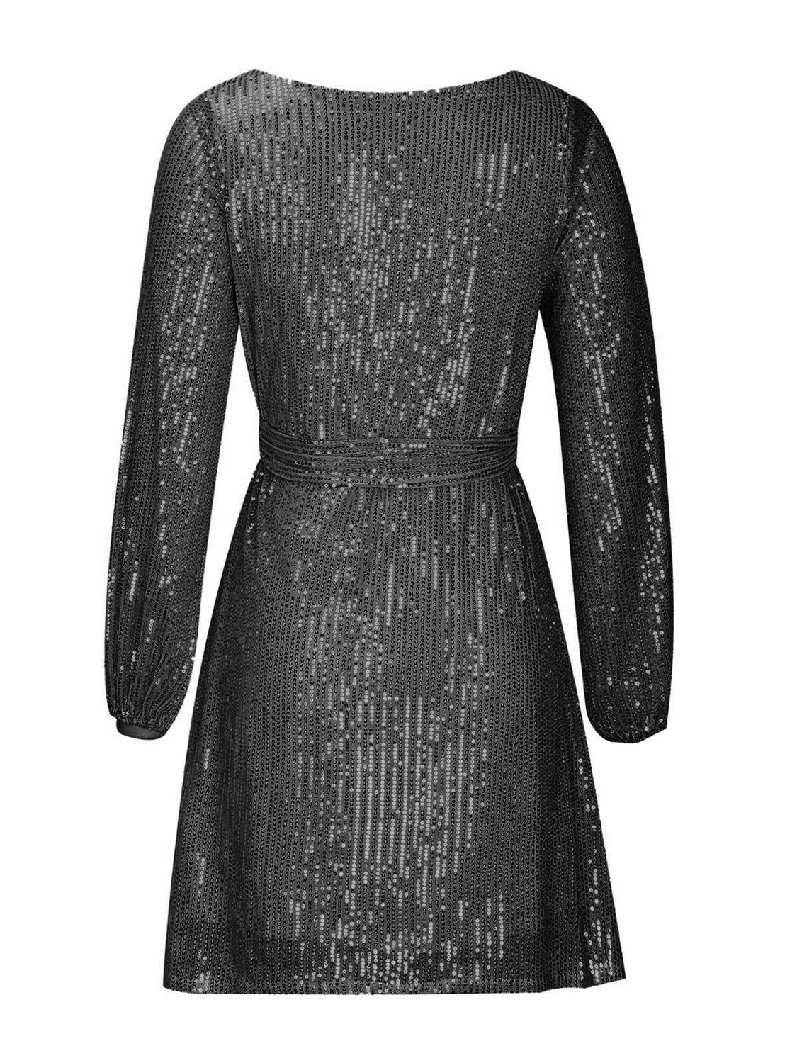 Sequin Tie Waist Long Sleeve Mini Dress Deep Red / 2XL Sequin Tie Waist Long Sleeve Mini Dress Deep Red / 2XL
