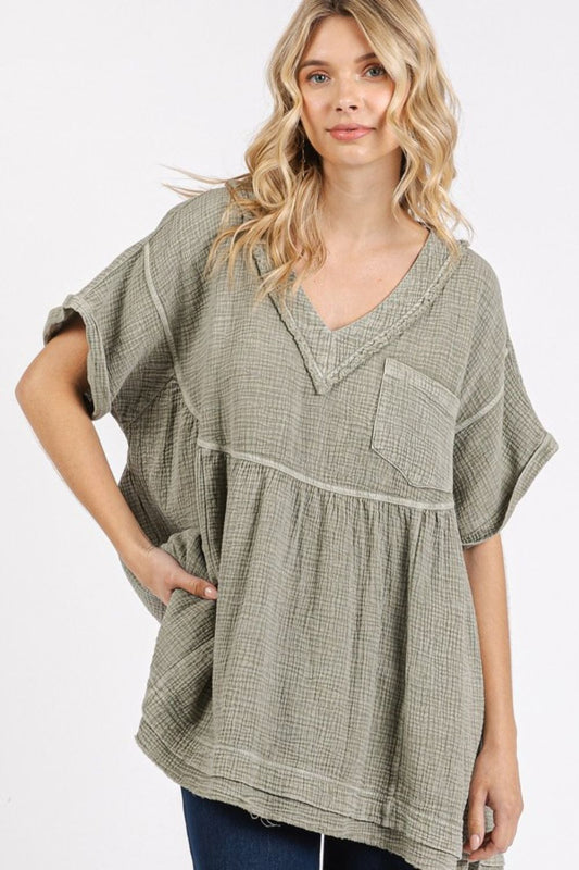 Mittoshop Mineral Wash Gauze Babydoll V-Neck Oversized Blouse-TOPS / DRESSES-[Adult]-[Female]-Lt Olive-S-2022 Online Blue Zone Planet