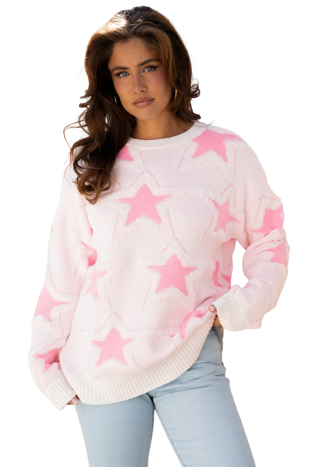 Sachet Pink Oversized Cute Star Pattern Ribbed Edge Drop Shoulder Sweater-TOPS / DRESSES-[Adult]-[Female]-2022 Online Blue Zone Planet