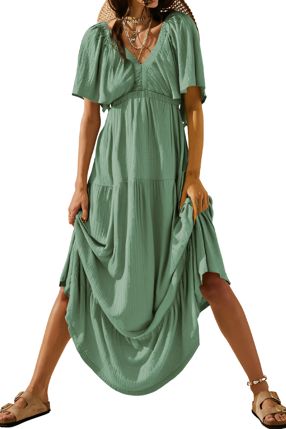 Grass Green Textured V Neck Flutter Sleeve Ruffled Maxi Dress-TOPS / DRESSES-[Adult]-[Female]-2022 Online Blue Zone Planet